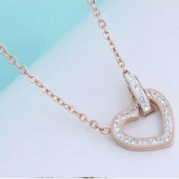 Necklace Interlocking O and Heart Pave Crystal Rose Gold-Plated Titanium Steel - Picture 2 of 3